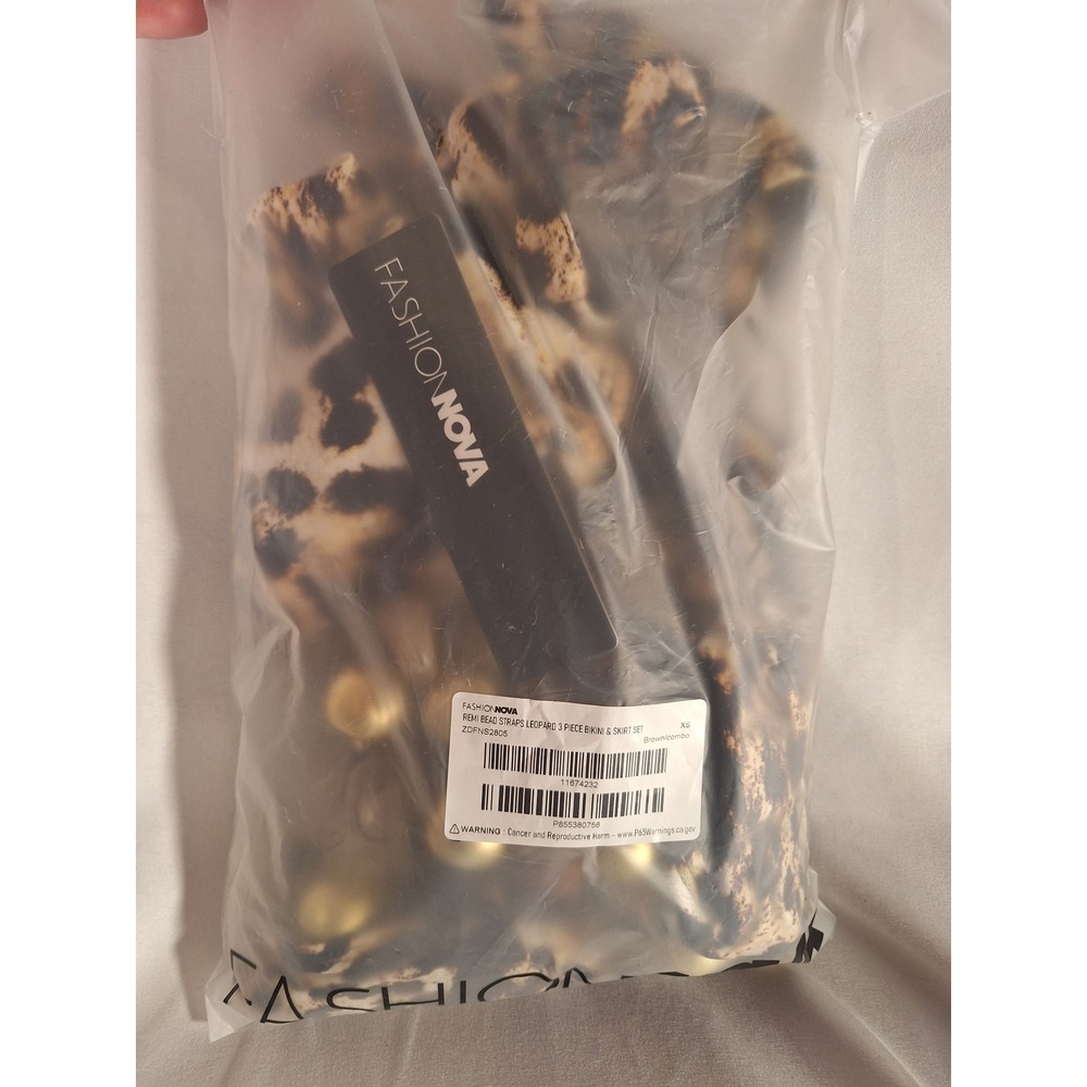 Fashion Nova Remi Bead Straps Leopard 3 Piece Bikini and Skirt Set Brown XS NEW - Picture 6 of 7